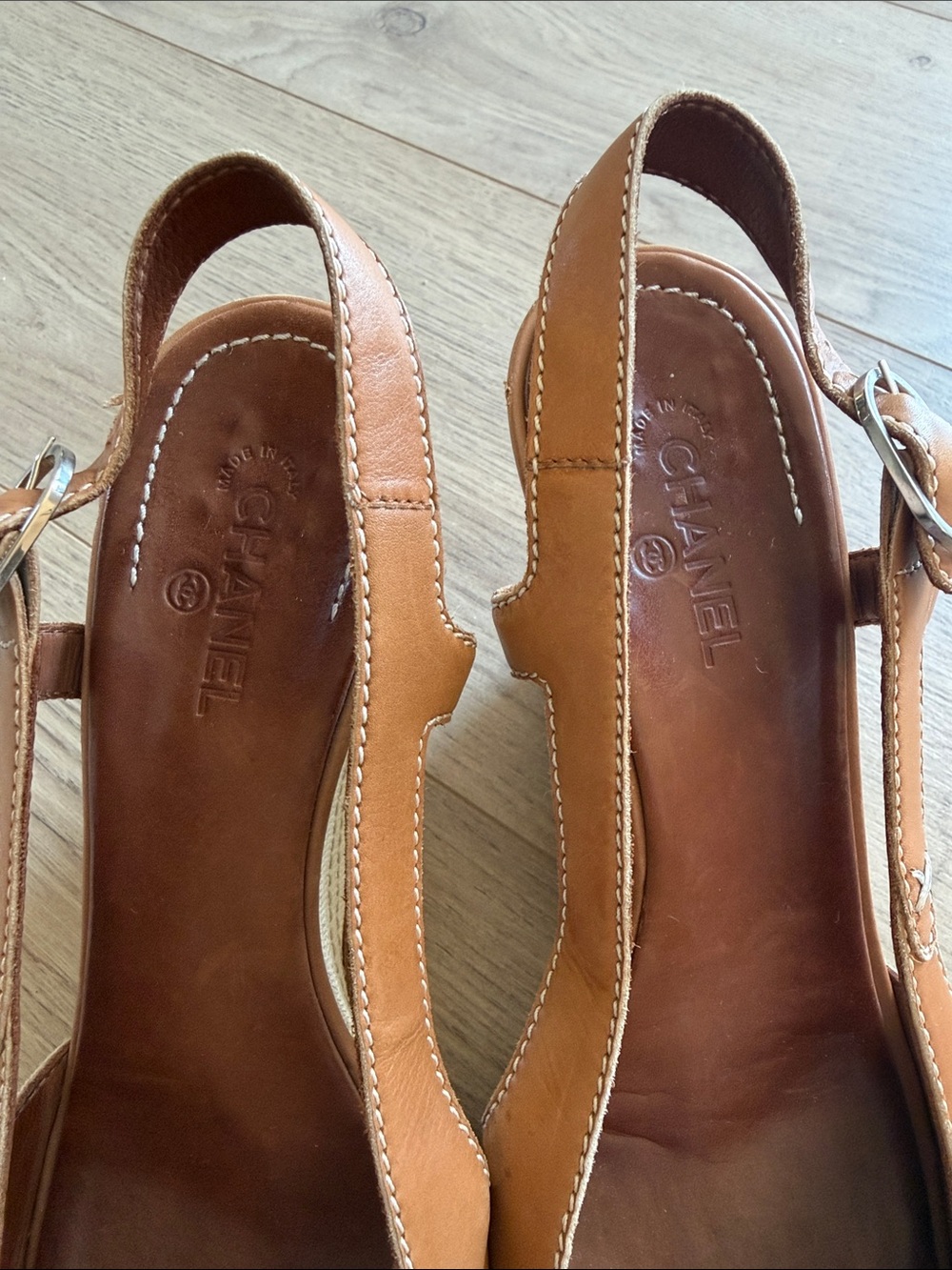 Authentic Chanel Tan Leather Slingback Wedge Sandals - Picture 3 of 7